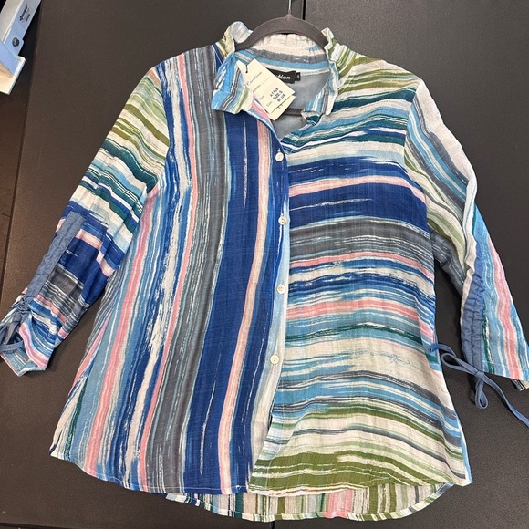 Evolution and Creation Blue Button Down Blouse with Mandarin Collar - Picture 5 of 11